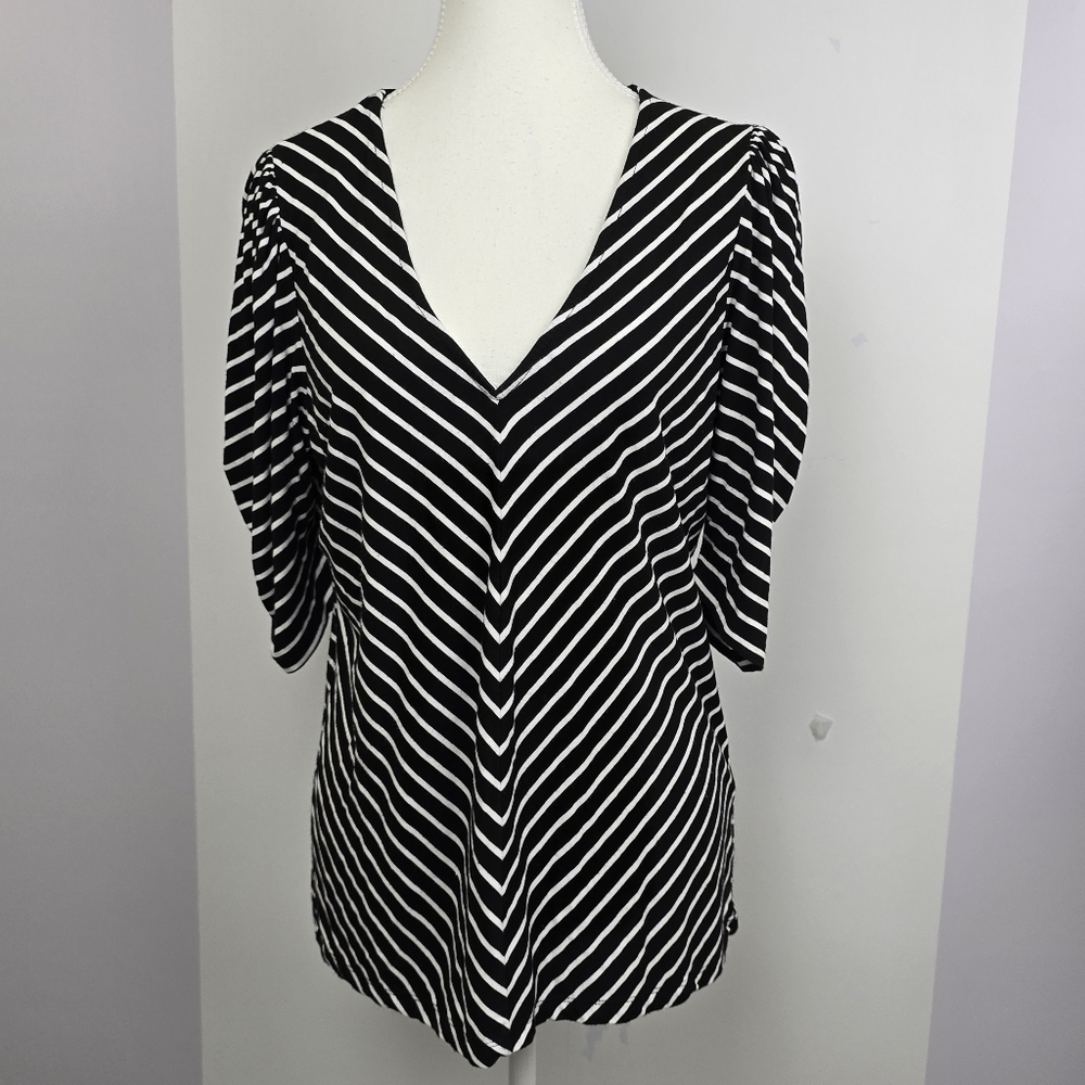 Frame Denim Black & White Shirred Chevron V-Neck Puff Sleeve Blouse, Sz L